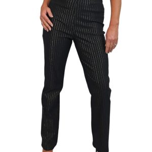 Elasticated Waist Straight Leg Trousers Black With Gold Pinstripe