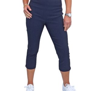 Women's Pull On Elasticated Waist Cropped Trousers Navy Blue