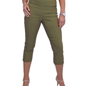 Women's Pull On Elasticated Waist Cropped Trousers Khaki Green