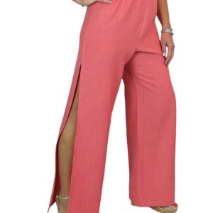 Women's Linen Look Open Leg Trousers Coral