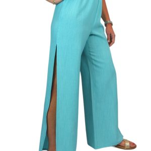 Women's Linen Look Open Leg Trousers Turquoise