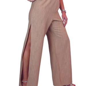 Women's Linen Look Open Leg Trousers Tan