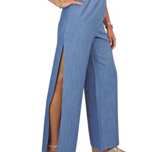 Women's Linen Look Open Leg Trousers Denim Blue