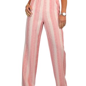 Women's Wide Leg Striped Linen Trousers Coral