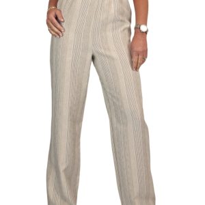 Women's Wide Leg Striped Linen Trousers Stone Beige