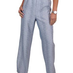 Women's Wide Leg Striped Linen Trousers Denim Blue