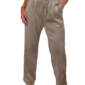 Straight Leg Elastic Waist Corduroy Trousers Beige