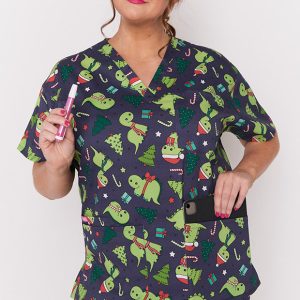 Meredith Dino Christmas Scrub Top