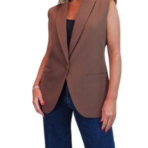 Longline Sleeveless Smart Waistcoat Caramel Brown