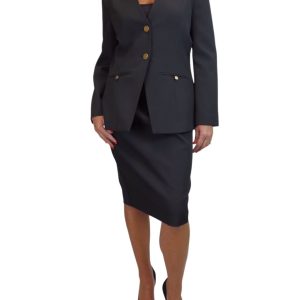 Smart 2 Piece V Neck Jacket And Midi Skirt Suit Black