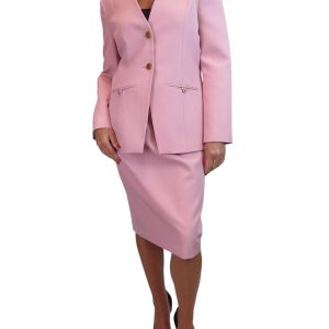 Smart 2 Piece V Neck Jacket And Midi Skirt Suit Pink