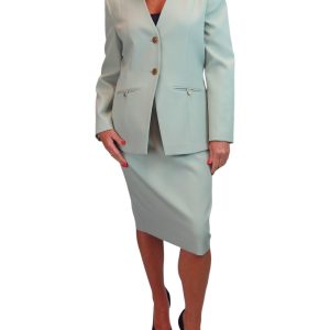 2 Piece V Neck Jacket And Midi Skirt Suit Sage Green