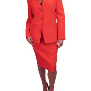 2 Piece V Neck Jacket And Midi Skirt Suit Deep Coral