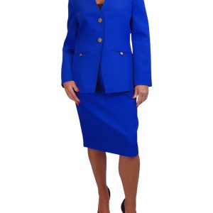 2 Piece V Neck Jacket And Midi Skirt Suit Royal Blue