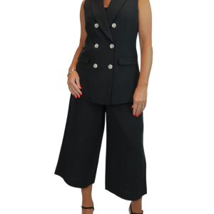 Smart Linen Look 2 Piece Waistcoat And Cropped Trouser Suit Black