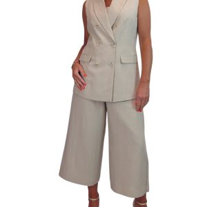 Smart Linen Look 2 Piece Waistcoat And Cropped Trouser Suit Beige