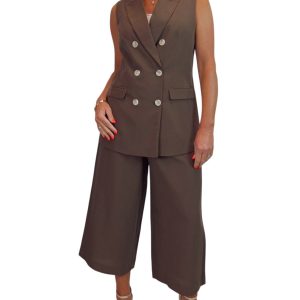 Smart Linen Look 2 Piece Waistcoat And Cropped Trouser Suit Brown