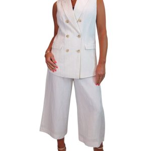Smart Linen Look 2 Piece Waistcoat And Cropped Trouser Suit Cream